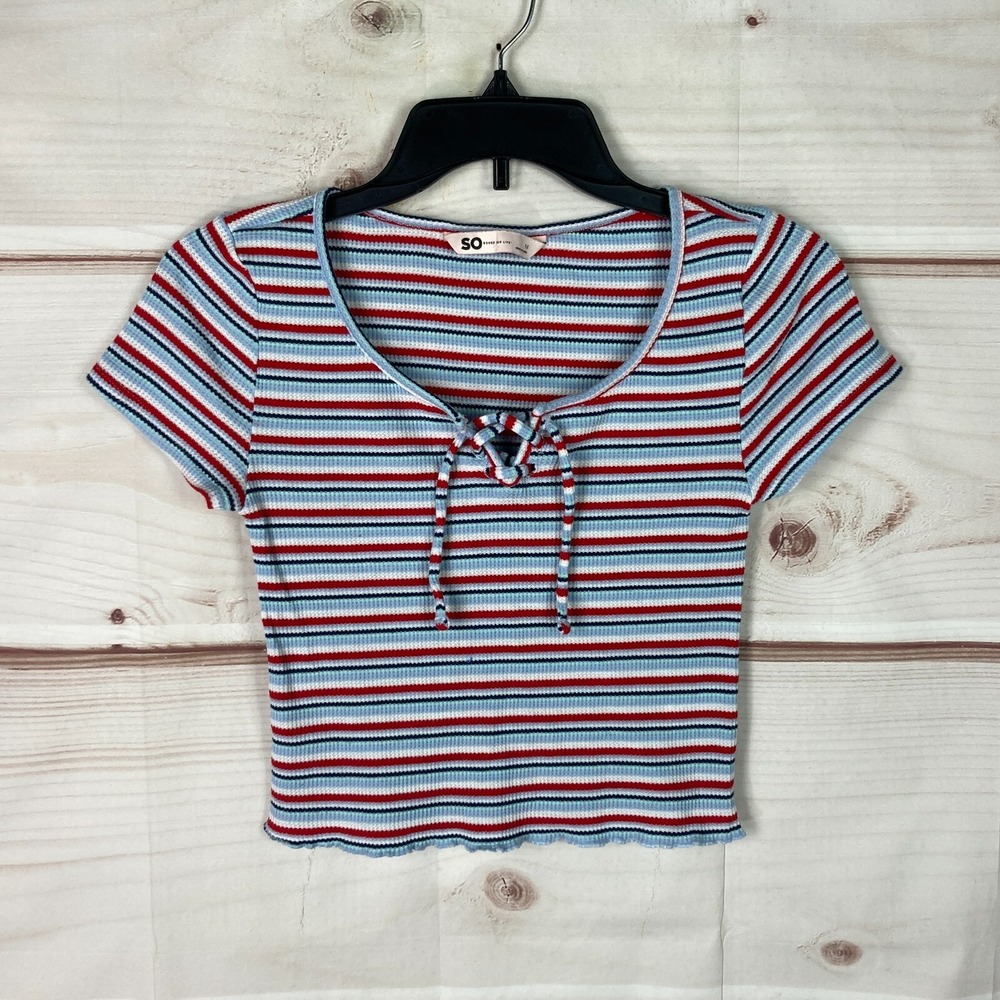 So Top Juniors Medium Stripe T-Shirt Waffle Knit Crop Short Sleeve Lace Up Neck